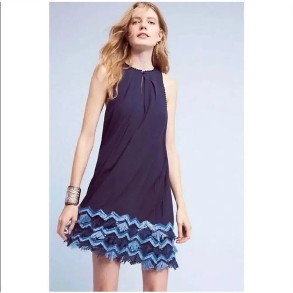 Anthropologie Maeve Festivity Swing Dress sleeveless fringed hem Sz 12